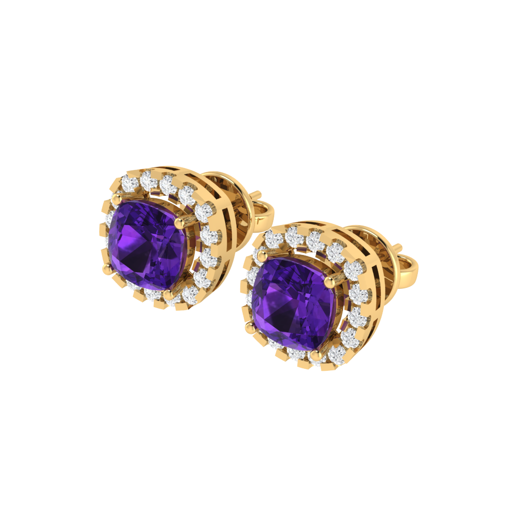 yellow gold plated sterling silver cushion shape amethyst stud earrings