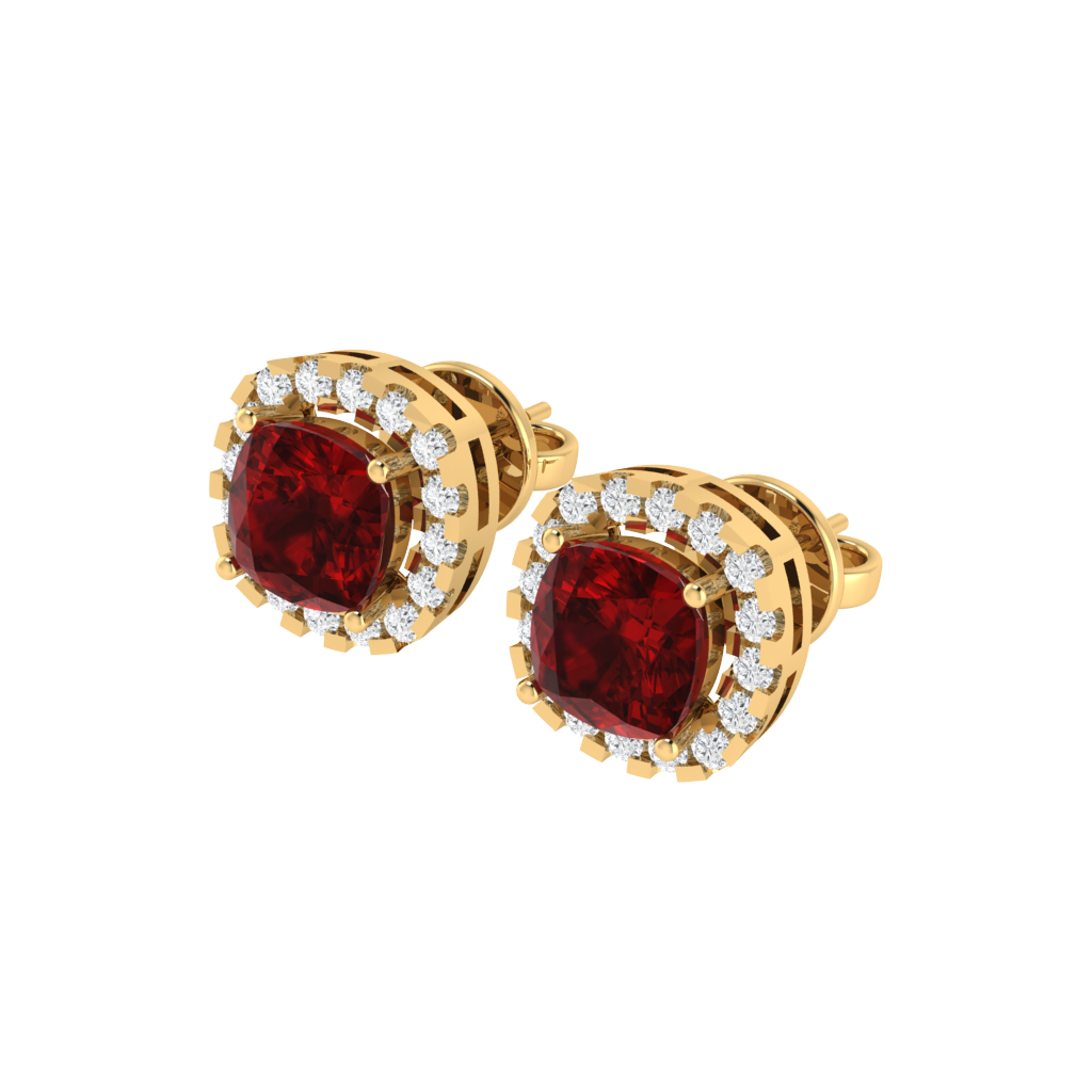 yellow gold plated sterling silver cushion shape ruby stud earrings