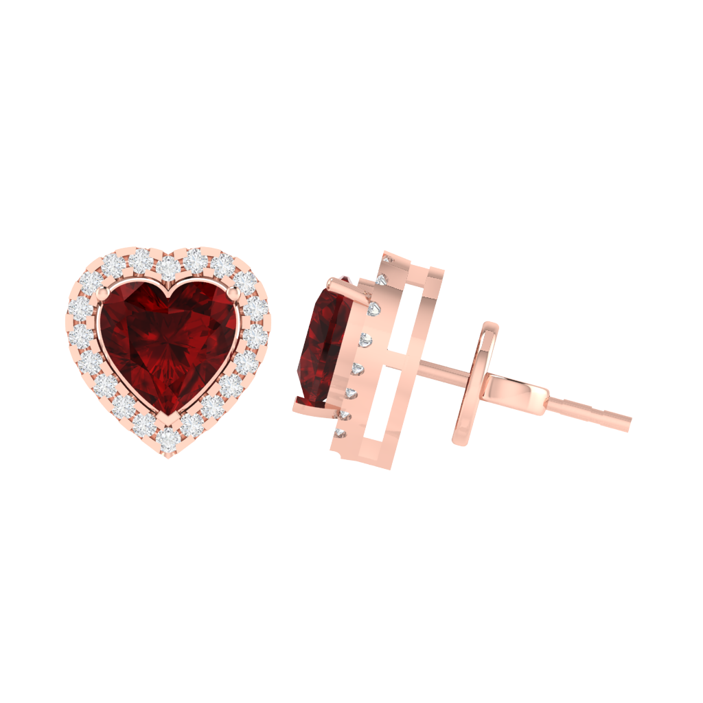 rose gold plated sterling silver heart shape ruby stud earrings