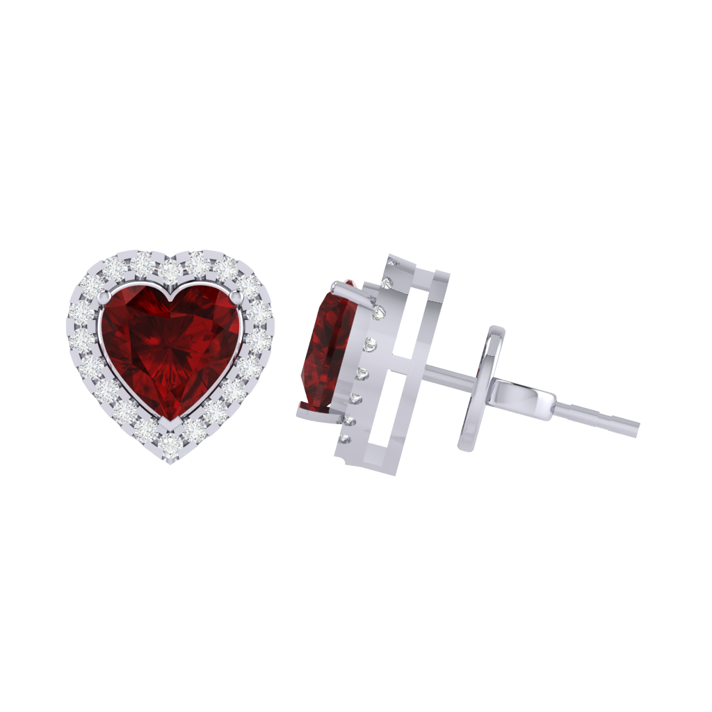 white gold plated sterling silver heart shape ruby stud earrings