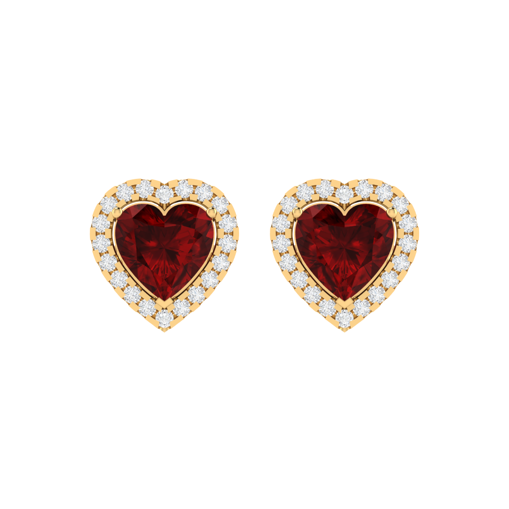 yellow gold plated sterling silver heart shape ruby stud earrings