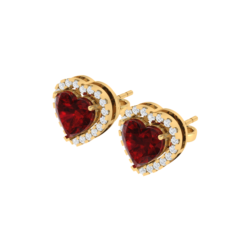 yellow gold plated sterling silver heart shape ruby stud earrings
