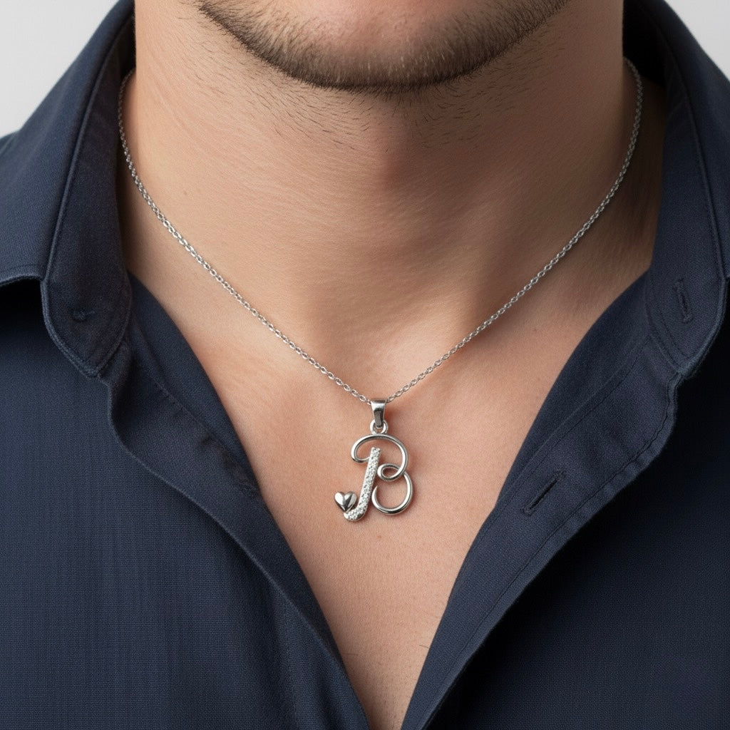 rhodium plated 925 sterling silver letter B pendant