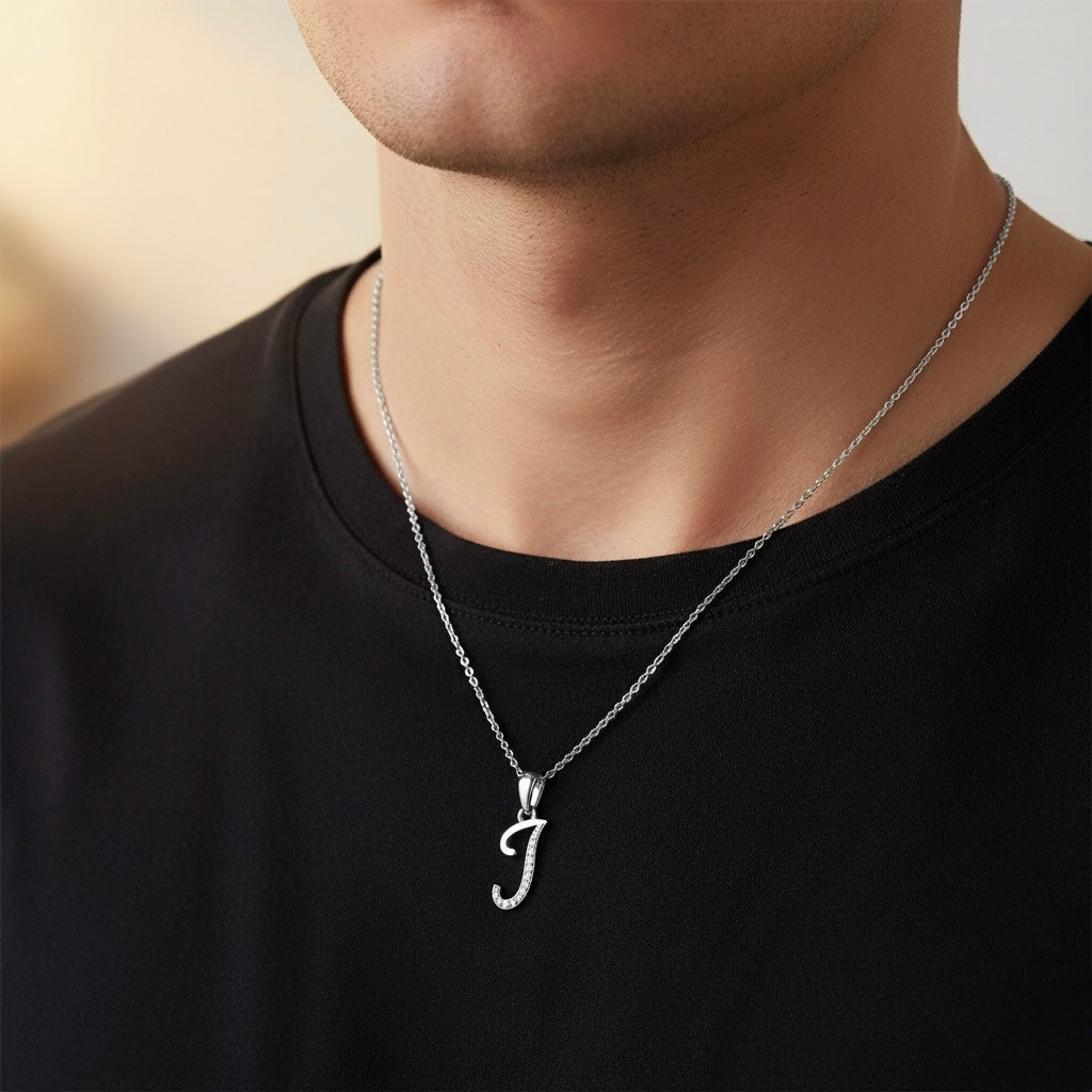 rhodium plated 925 sterling silver letter J pendant