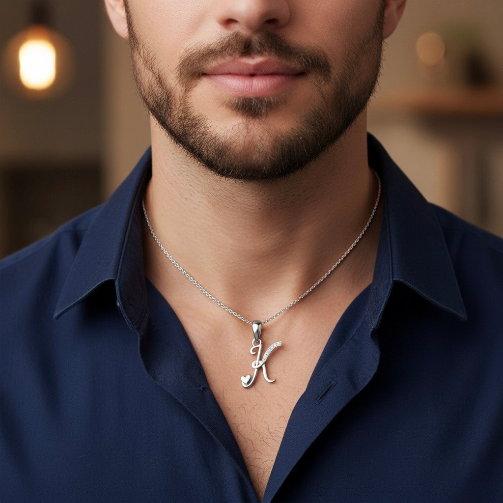 rhodium plated 925 sterling silver letter K pendant
