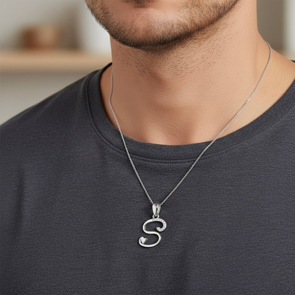 rhodium plated 925 sterling silver letter S pendant