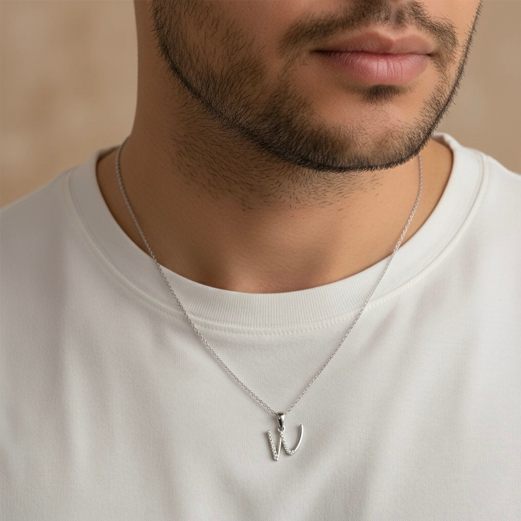 rhodium plated 925 sterling silver letter W pendant