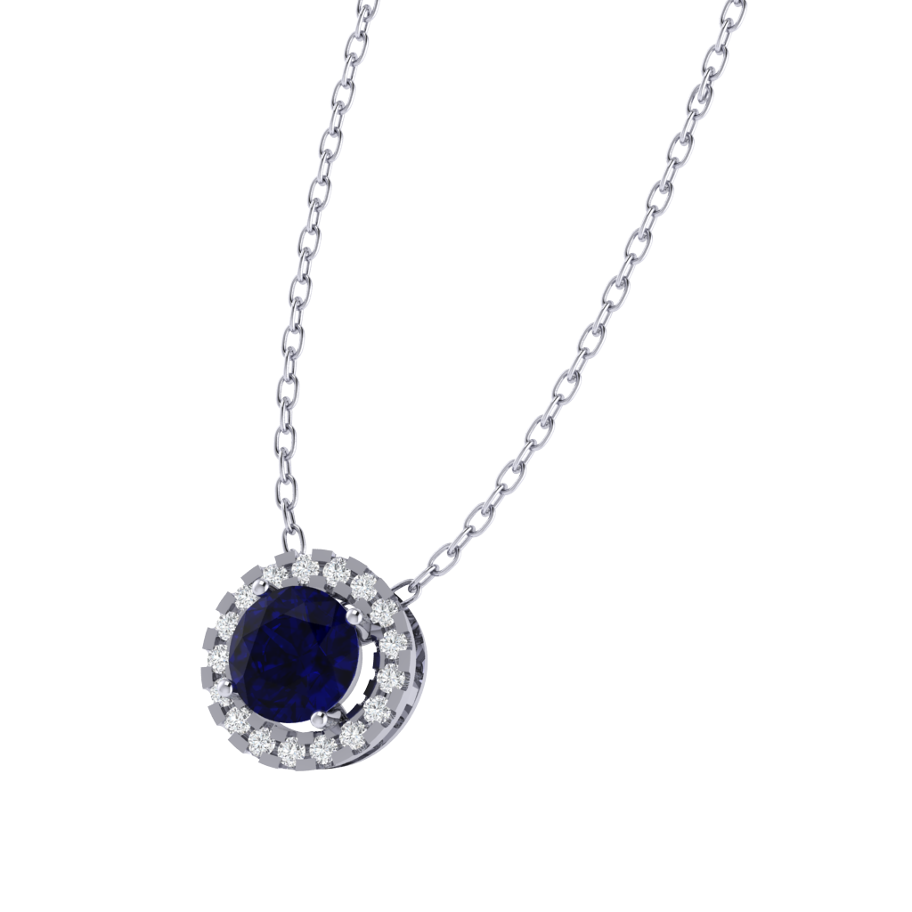 white gold plated sterling silver round shape sapphire pendant