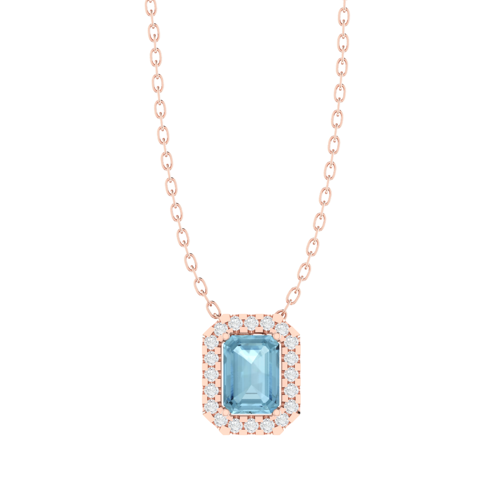 rose gold plated sterling silver emerald shape aquamarine pendant