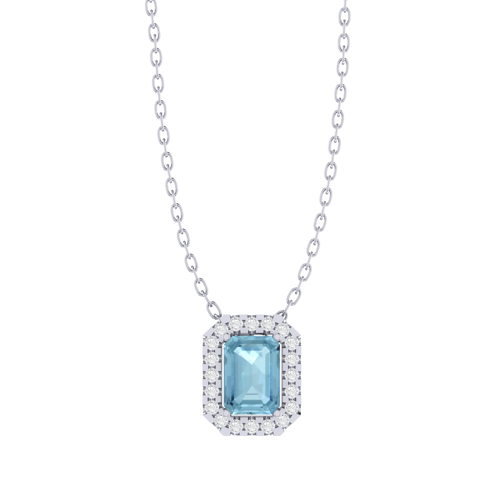 white gold plated sterling silver emerald shape aquamarine pendant