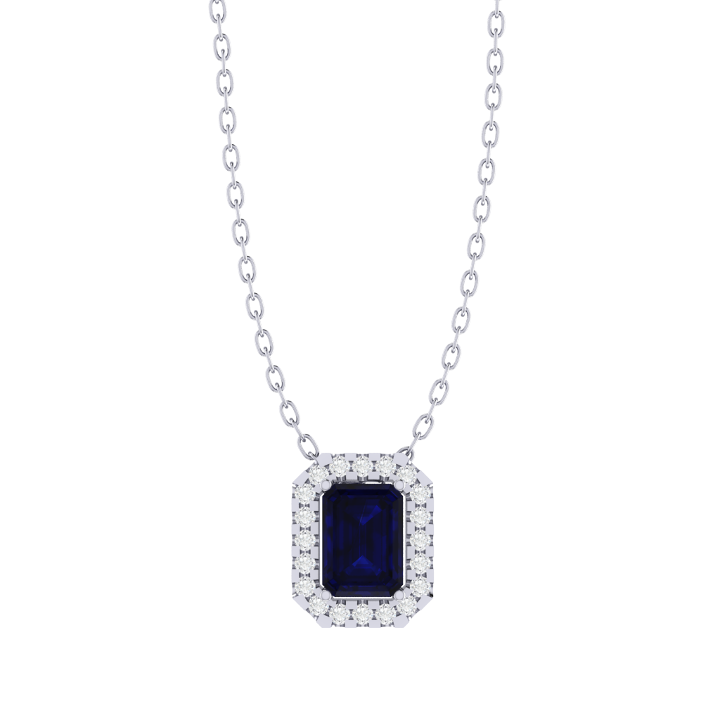 white gold plated sterling silver emerald shape sapphire pendant