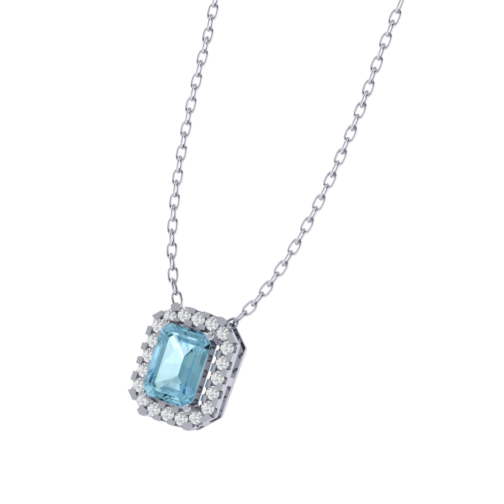 white gold plated sterling silver emerald shape aquamarine pendant