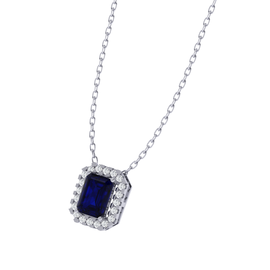 white gold plated sterling silver emerald shape sapphire pendant