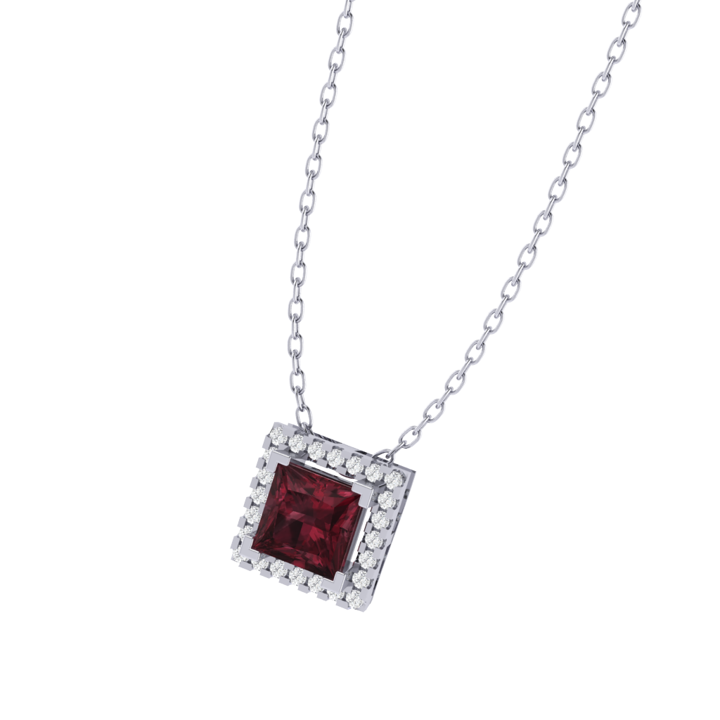 white gold plated sterling silver princess shape garnet pendant