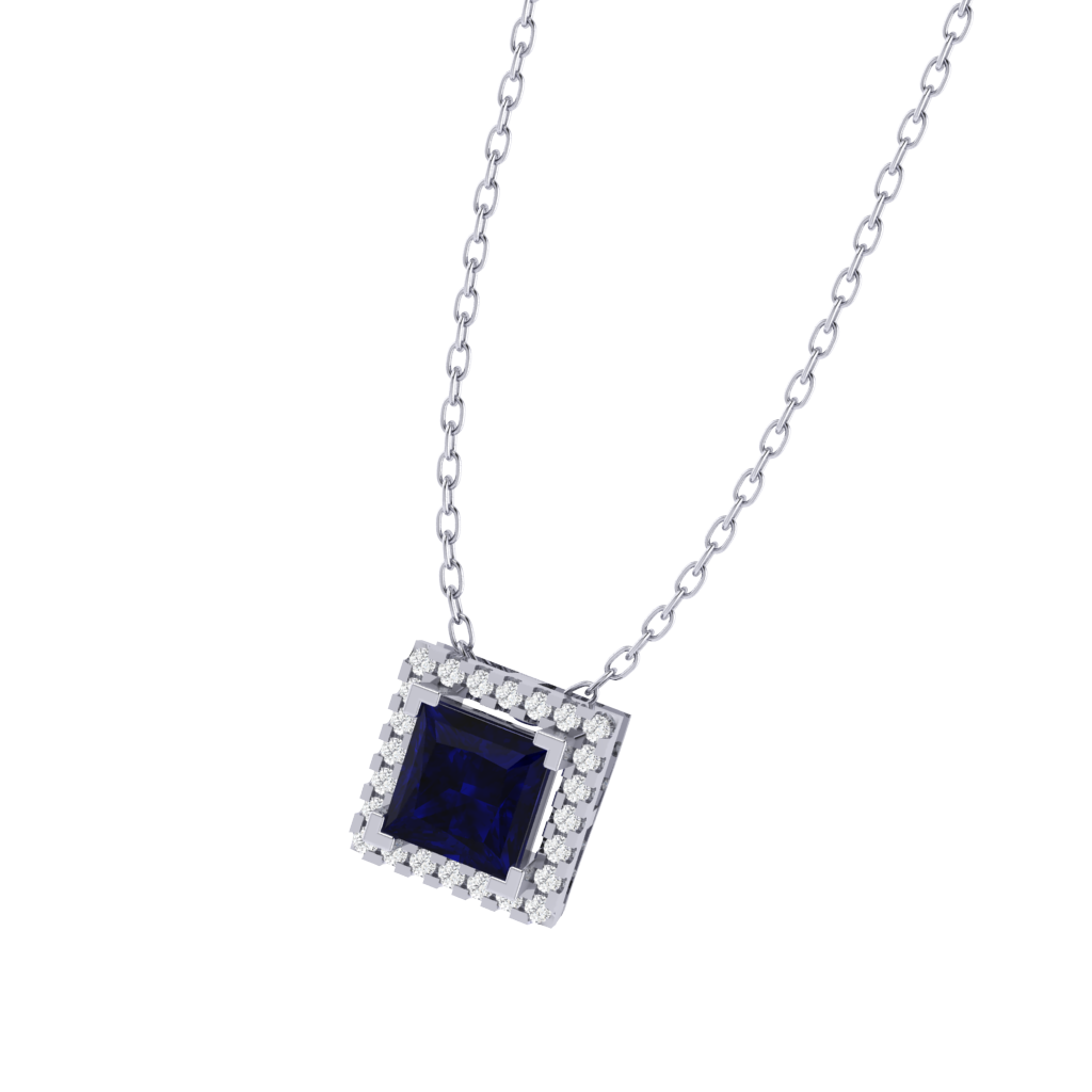 white gold plated sterling silver princess shape sapphire pendant
