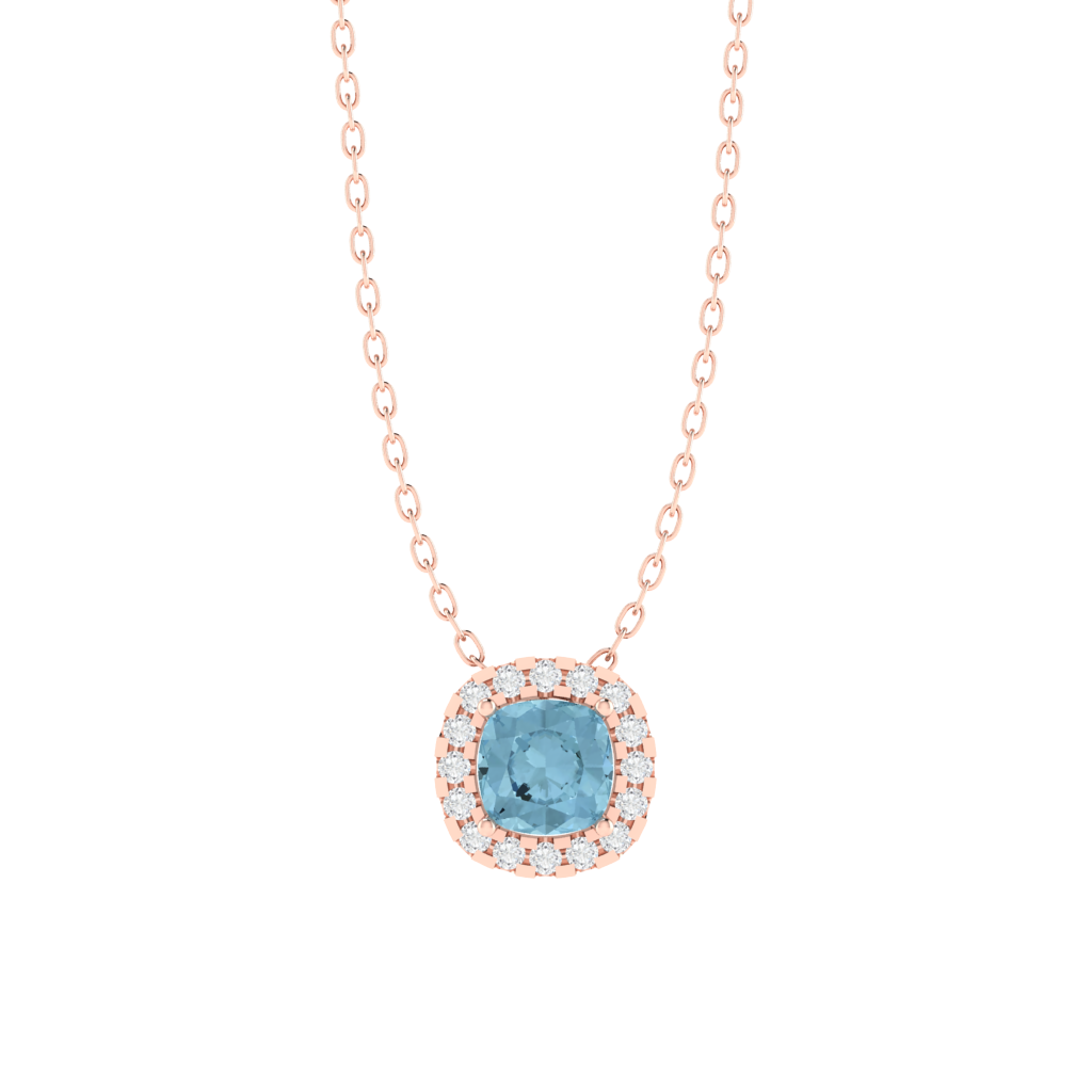 rose gold plated sterling silver cushion shape aquamarine pendant