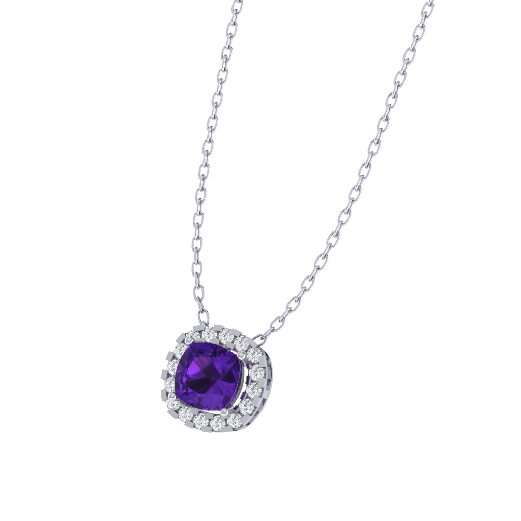 white gold plated sterling silver cushion shape amethyst pendant