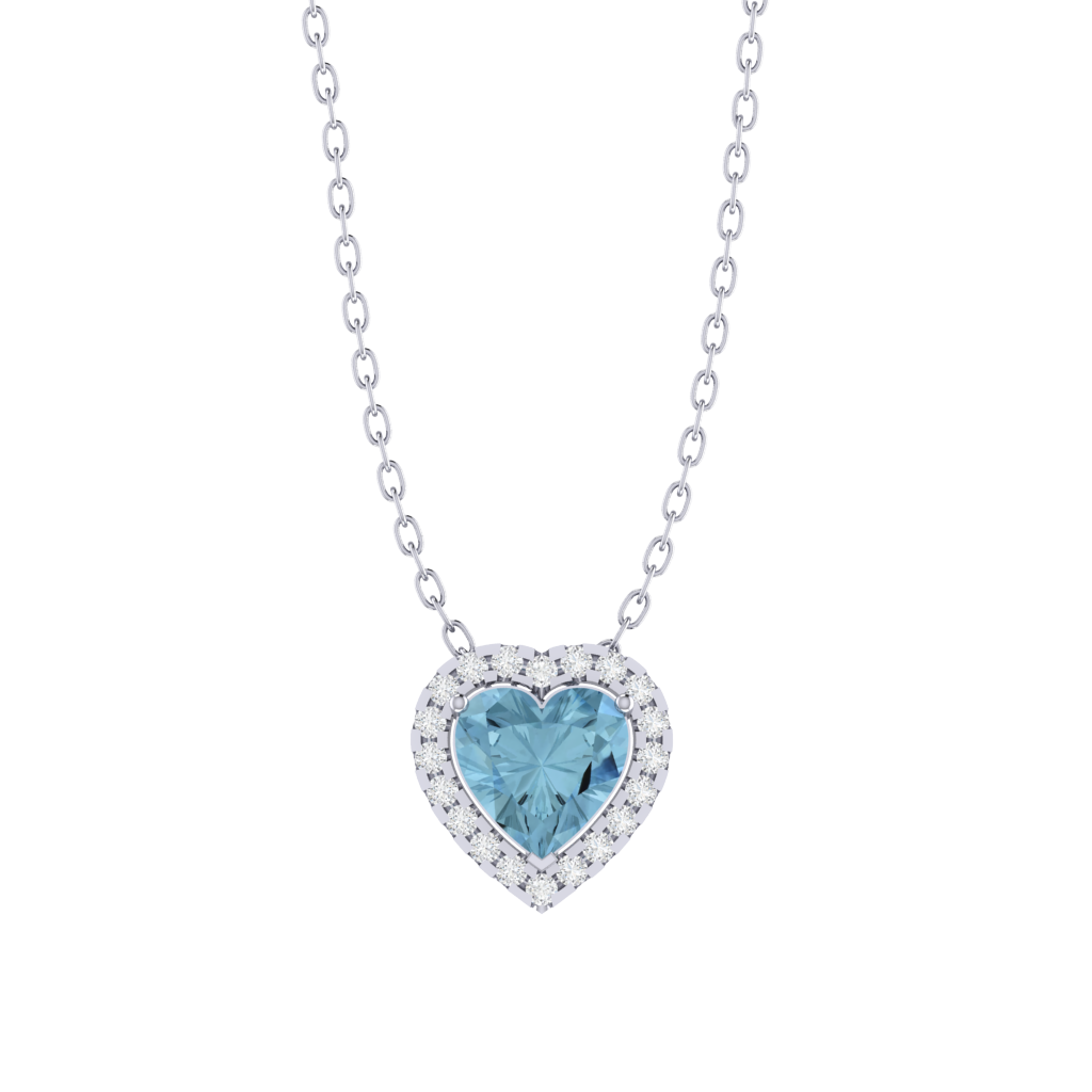 white gold plated sterling silver heart shape aquamarine pendant