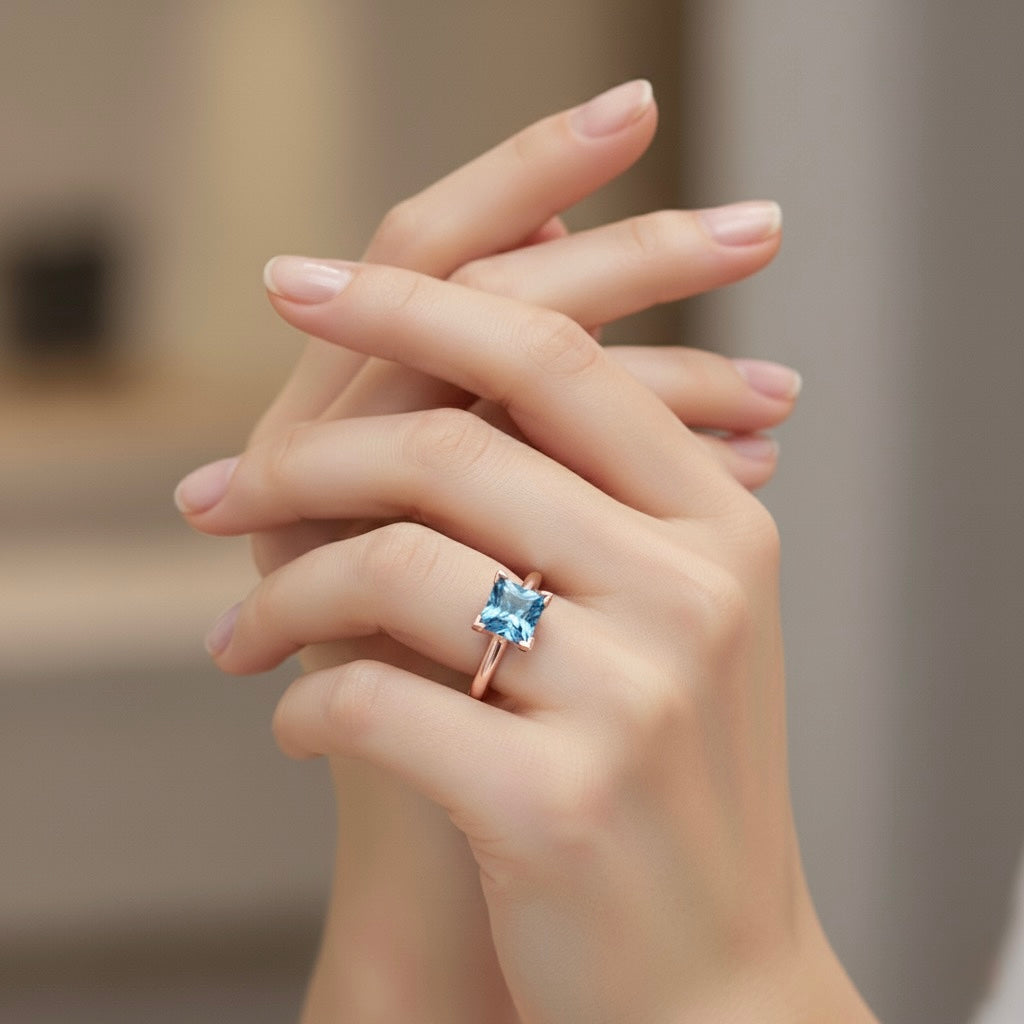 rose gold plated pure silver square aquamarine gemstone adjustable ring