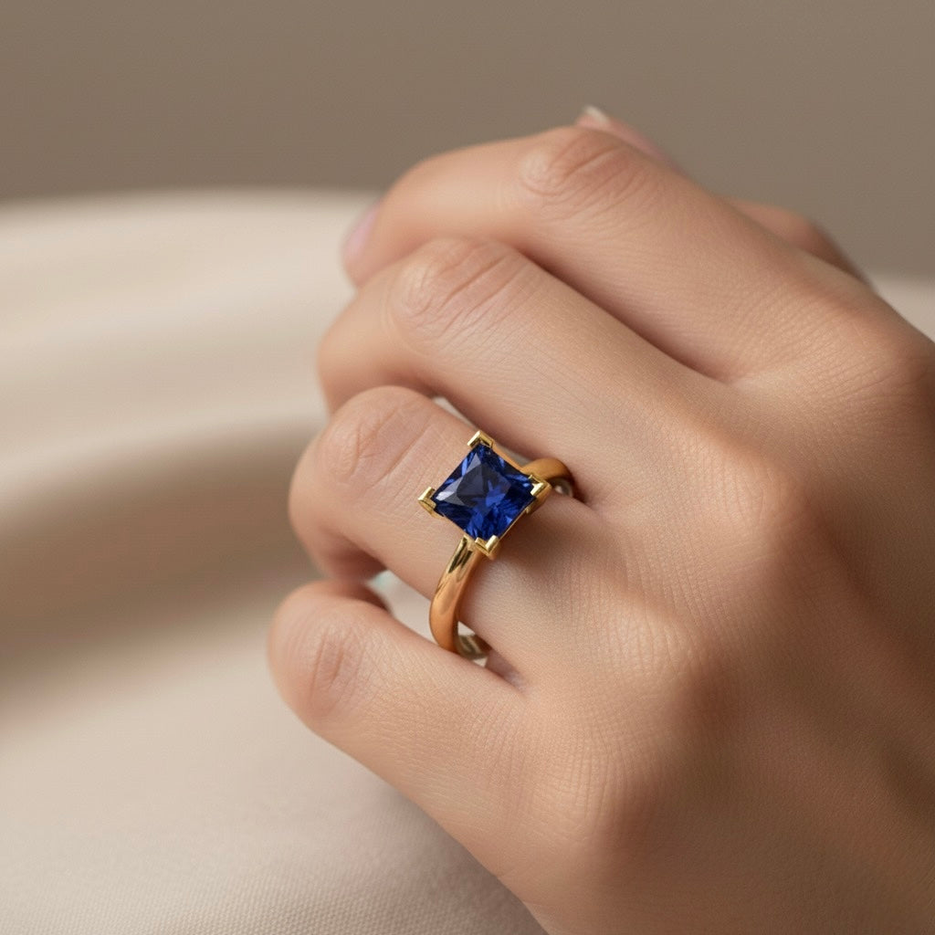 rose gold plated pure silver square sapphire gemstone adjustable ring