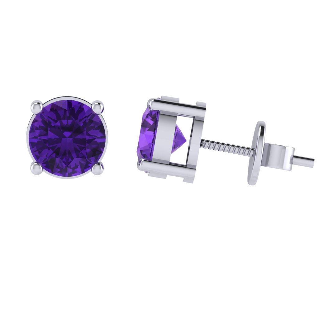 white gold plated sterling silver round shape amethyst february birthstone stud earrings