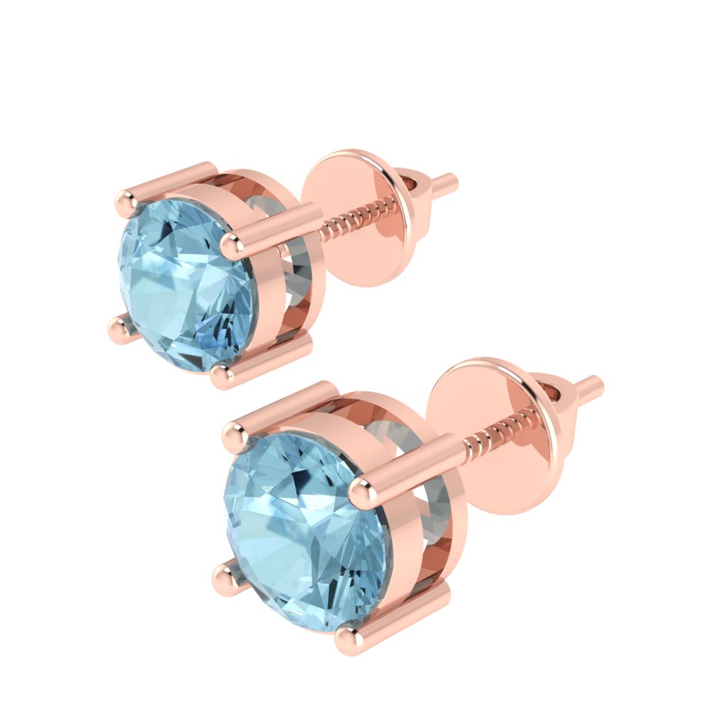 rose gold plated sterling silver round shape aquamarine march birthstone stud earrings