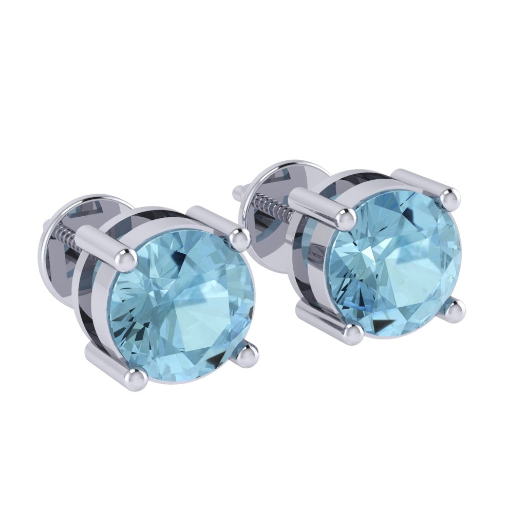 white gold plated sterling silver round shape aquamarine march birthstone stud earrings