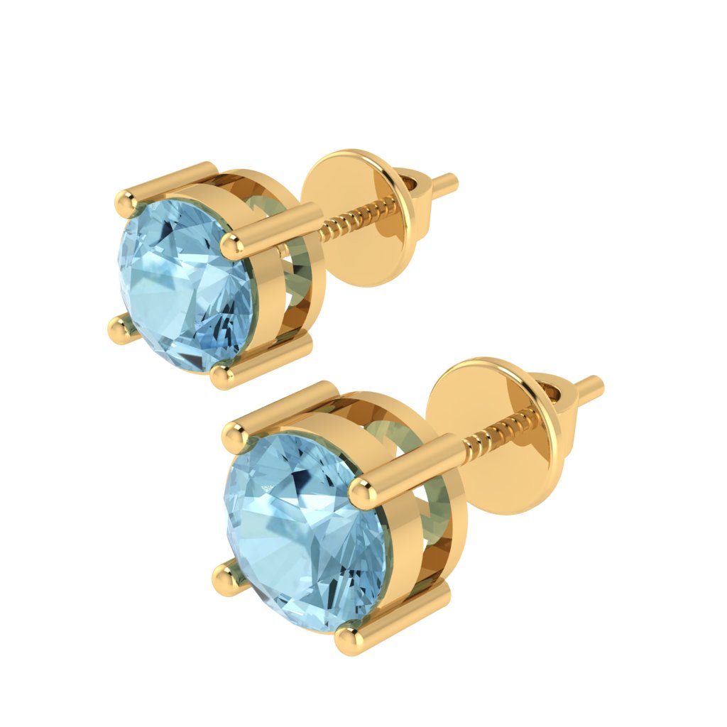 yellow gold plated sterling silver round shape aquamarine march birthstone stud earrings