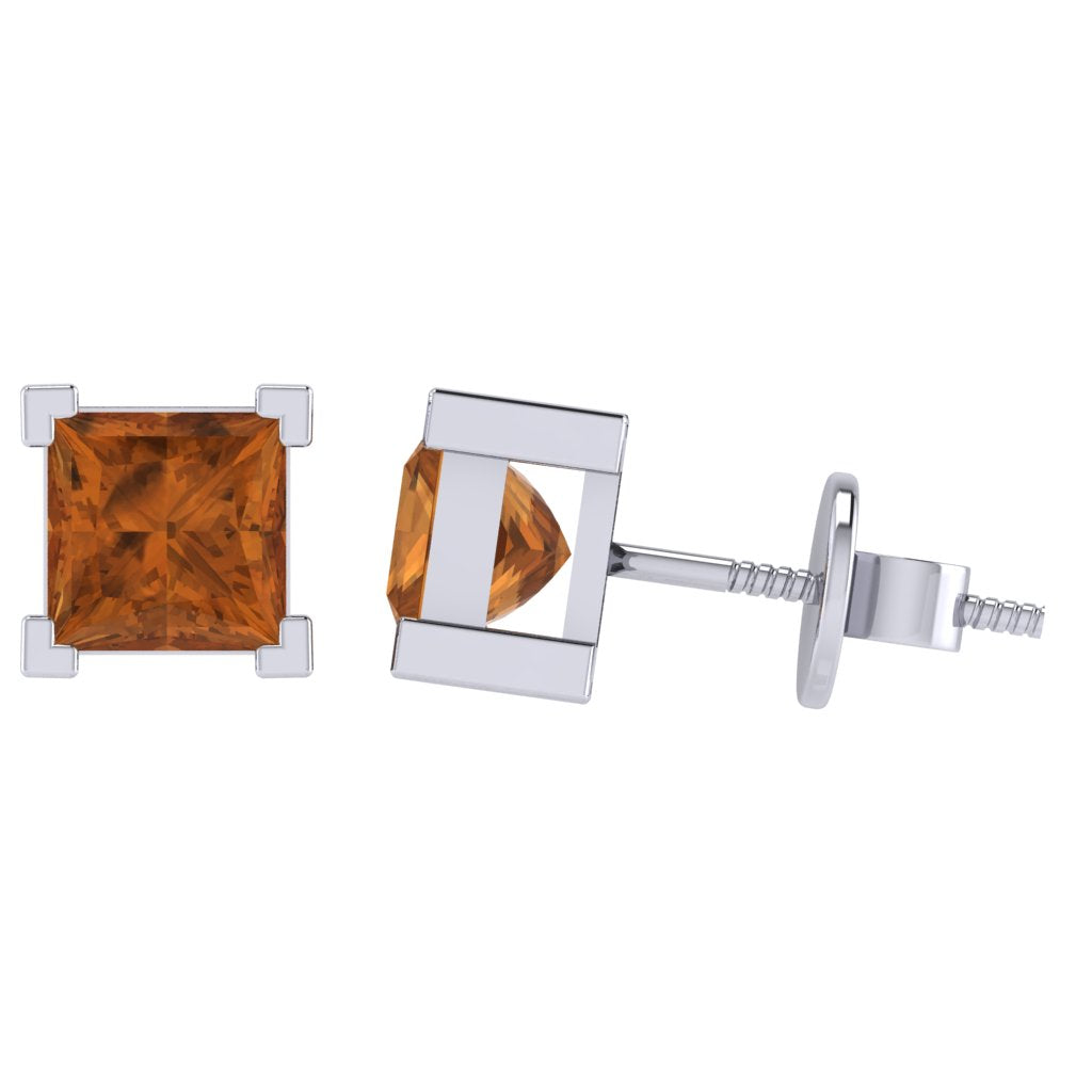 white gold plated sterling silver princess shape citrine november birthstone stud earrings