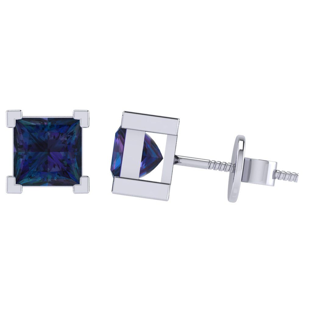 white gold plated sterling silver princess shape alexandrite june birthstone stud earrings