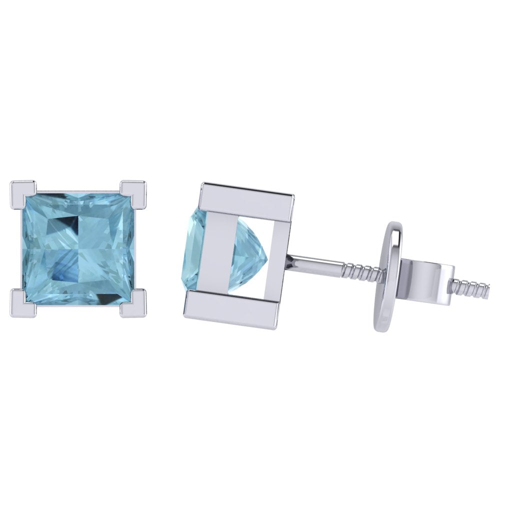 white gold plated sterling silver princess shape aquamarine march birthstone stud earrings