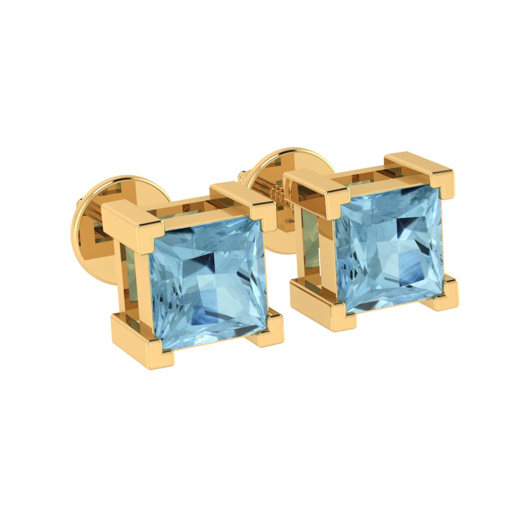 yellow gold plated sterling silver princess shape aquamarine march birthstone stud earrings