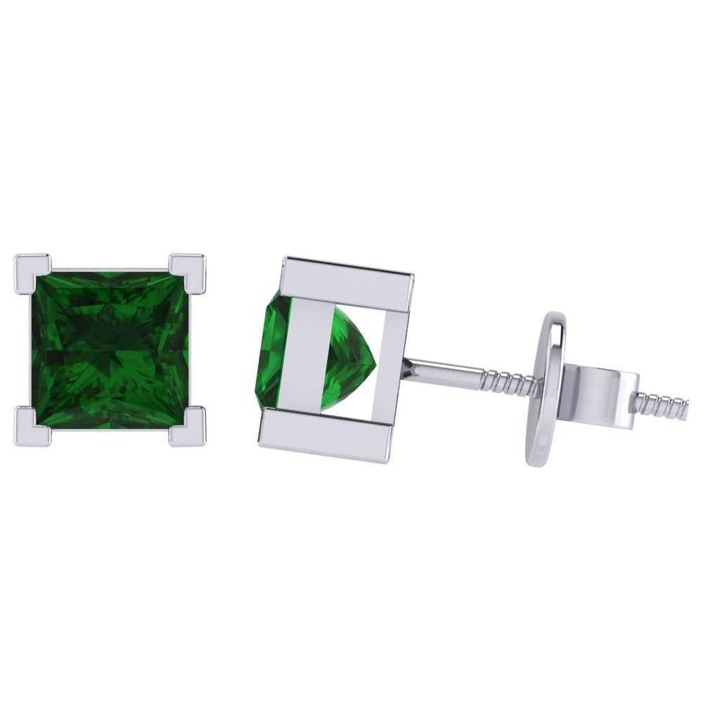 white gold plated sterling silver princess shape emerald may birthstone stud earrings