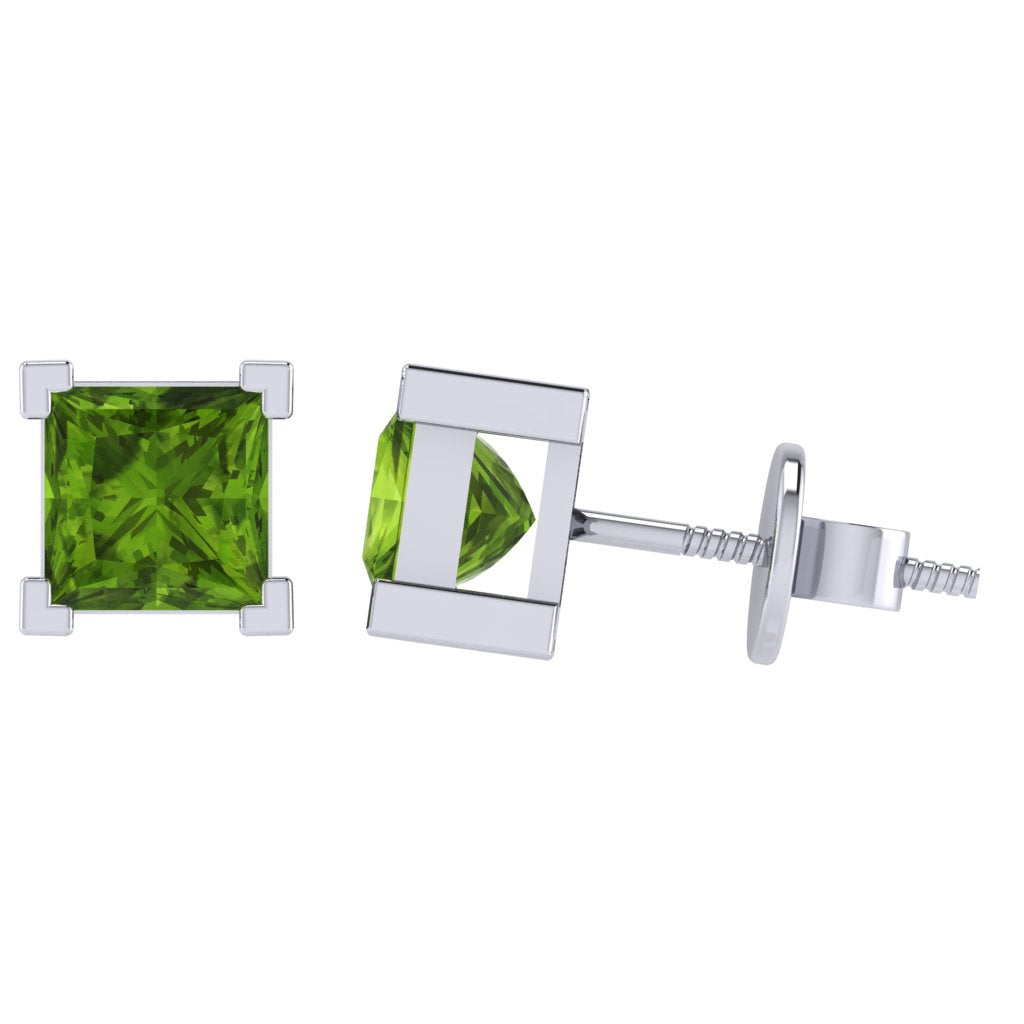 white gold plated sterling silver princess shape peridot august birthstone stud earrings