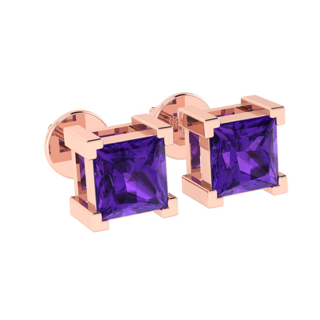 rose gold plated sterling silver princess shape amethyst february birthstone stud earrings