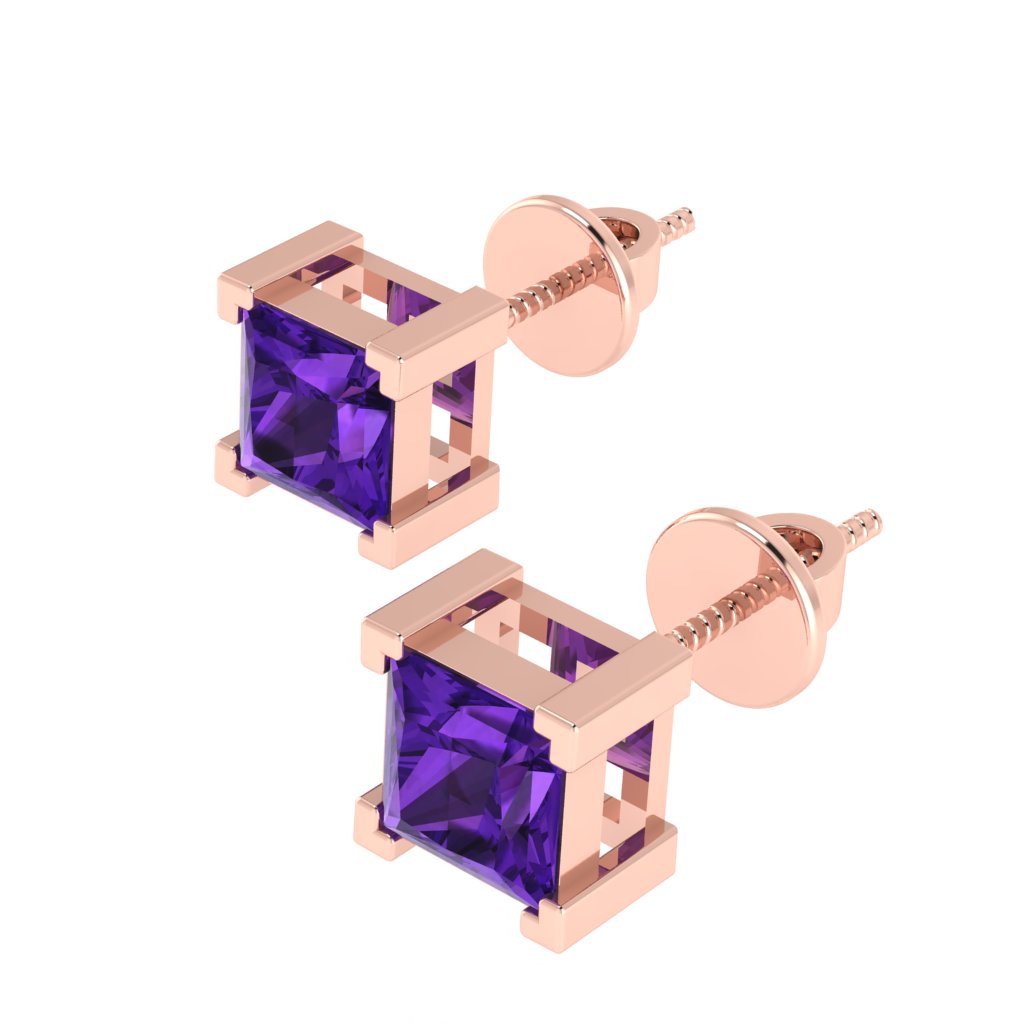 rose gold plated sterling silver princess shape amethyst february birthstone stud earrings