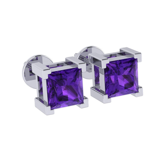 white gold plated sterling silver princess shape amethyst february birthstone stud earrings