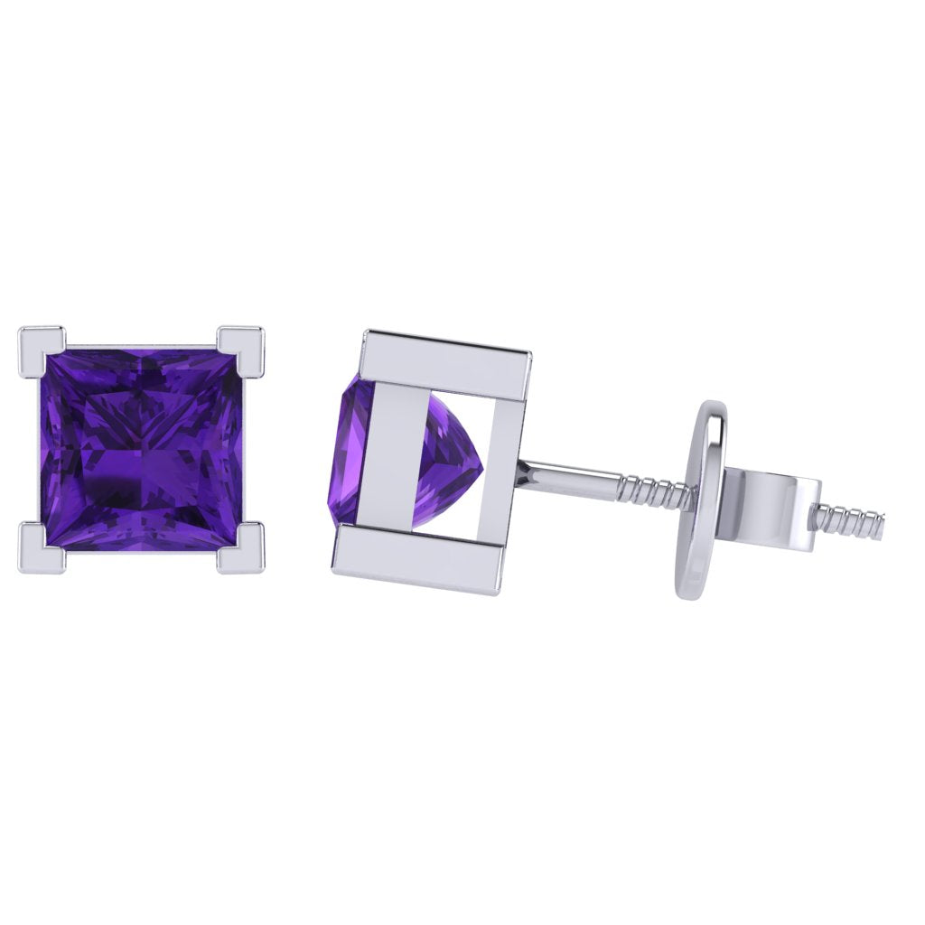 white gold plated sterling silver princess shape amethyst february birthstone stud earrings