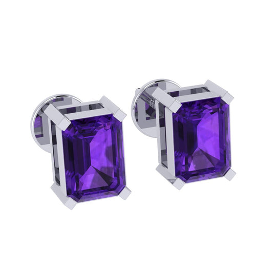 white gold plated sterling silver emerald cut amethyst february birthstone stud earrings