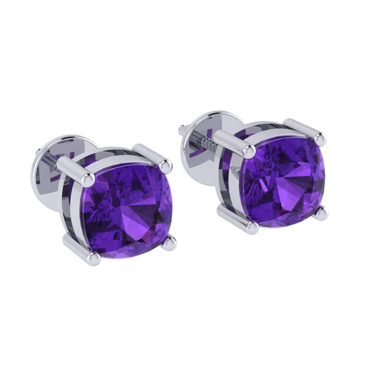 white gold plated sterling silver cushion shape amethyst february birthstone stud earrings