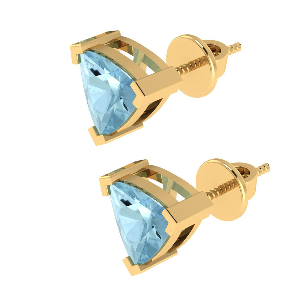 yellow gold plated sterling silver trillion shape aquamarine march birthstone stud earrings