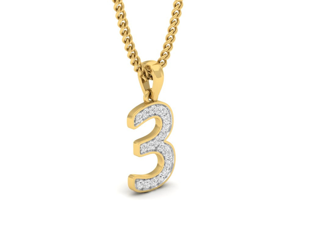 gold real diamond number 3 pendant