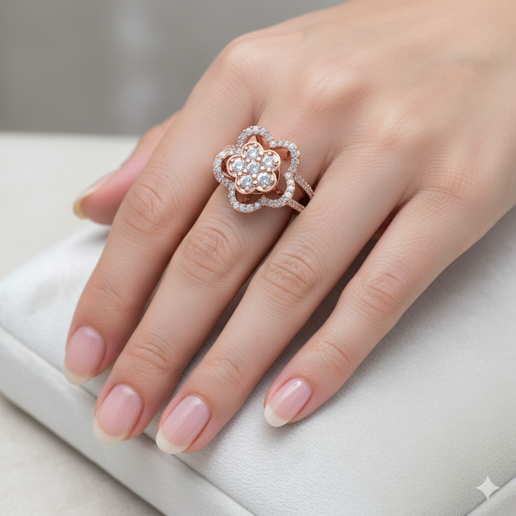Diamtrendz 925 sterling silver rose gold plated cubic zirconia floral ring