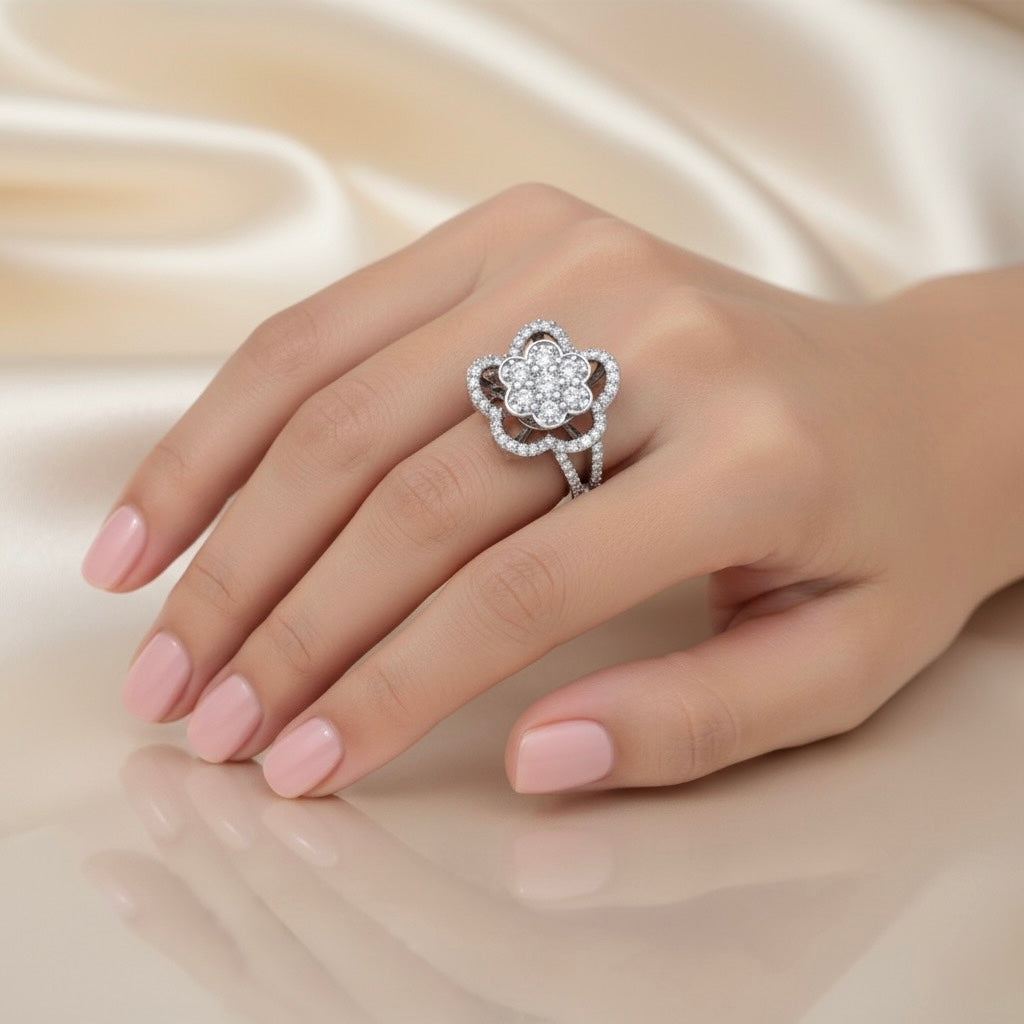 Diamtrendz 925 sterling silver Rhodium plated cubic zirconia floral ring