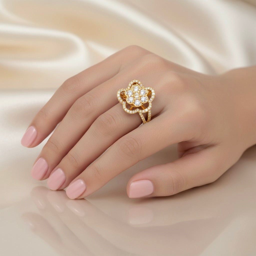Diamtrendz 925 sterling silver yellow gold plated cubic zirconia floral ring