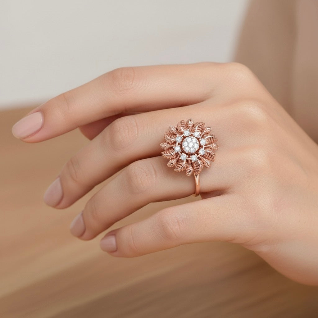 Diamtrendz 925 sterling silver rose gold plated cubic zirconia floral ring
