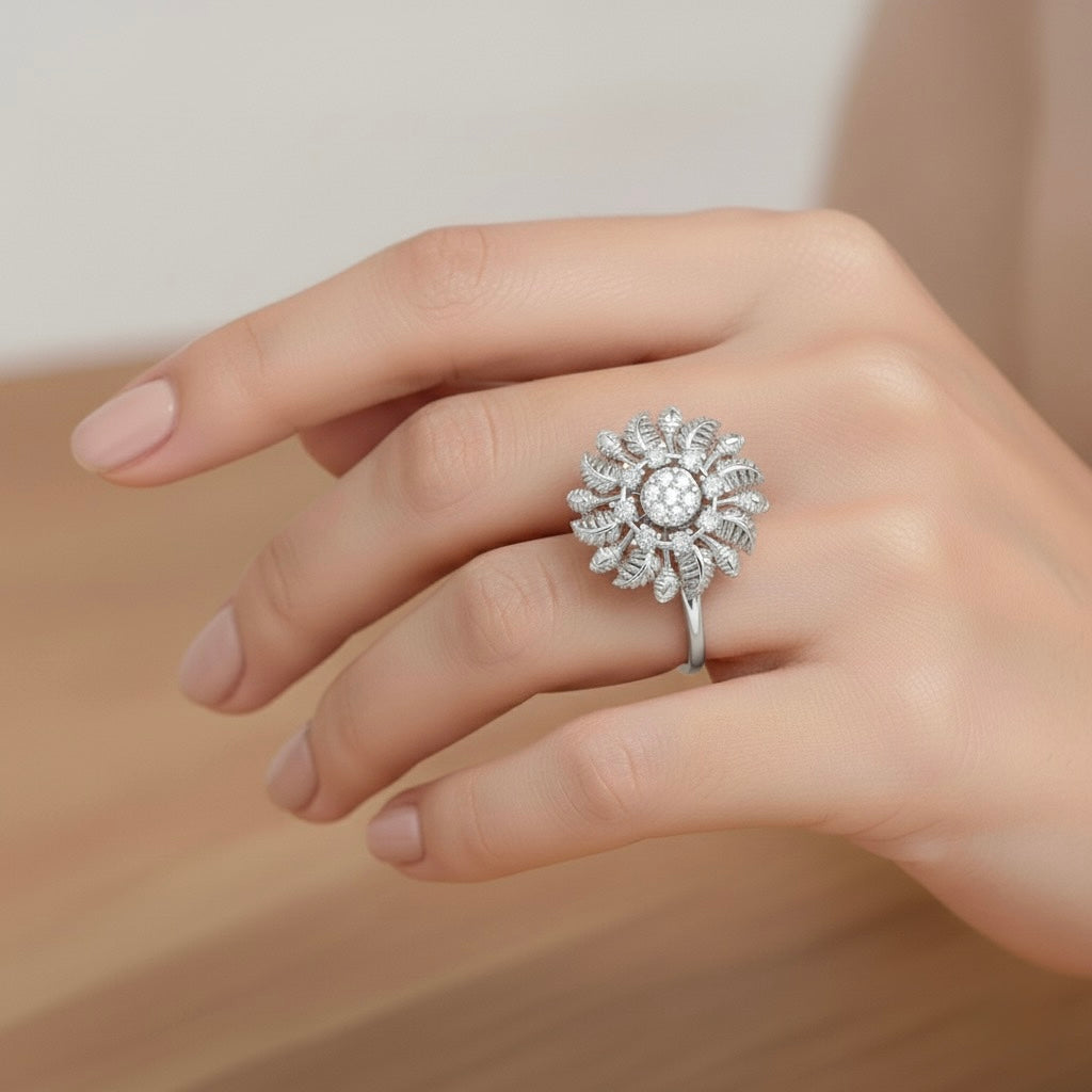 Diamtrendz 925 sterling silver Rhodium plated cubic zirconia floral ring