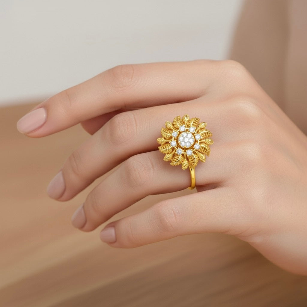 Diamtrendz 925 sterling silver yellow gold plated cubic zirconia floral ring