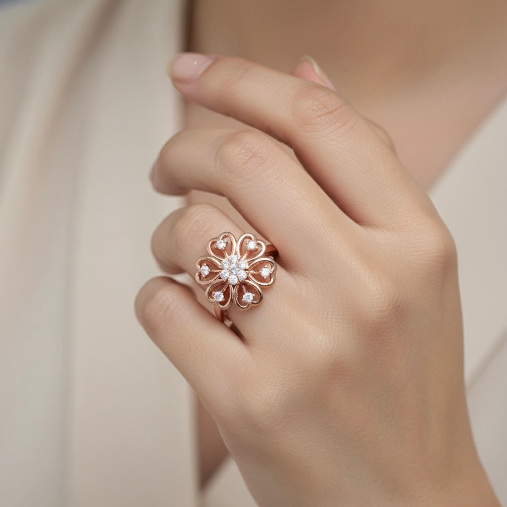 Diamtrendz 925 sterling silver rose gold plated cubic zirconia floral ring