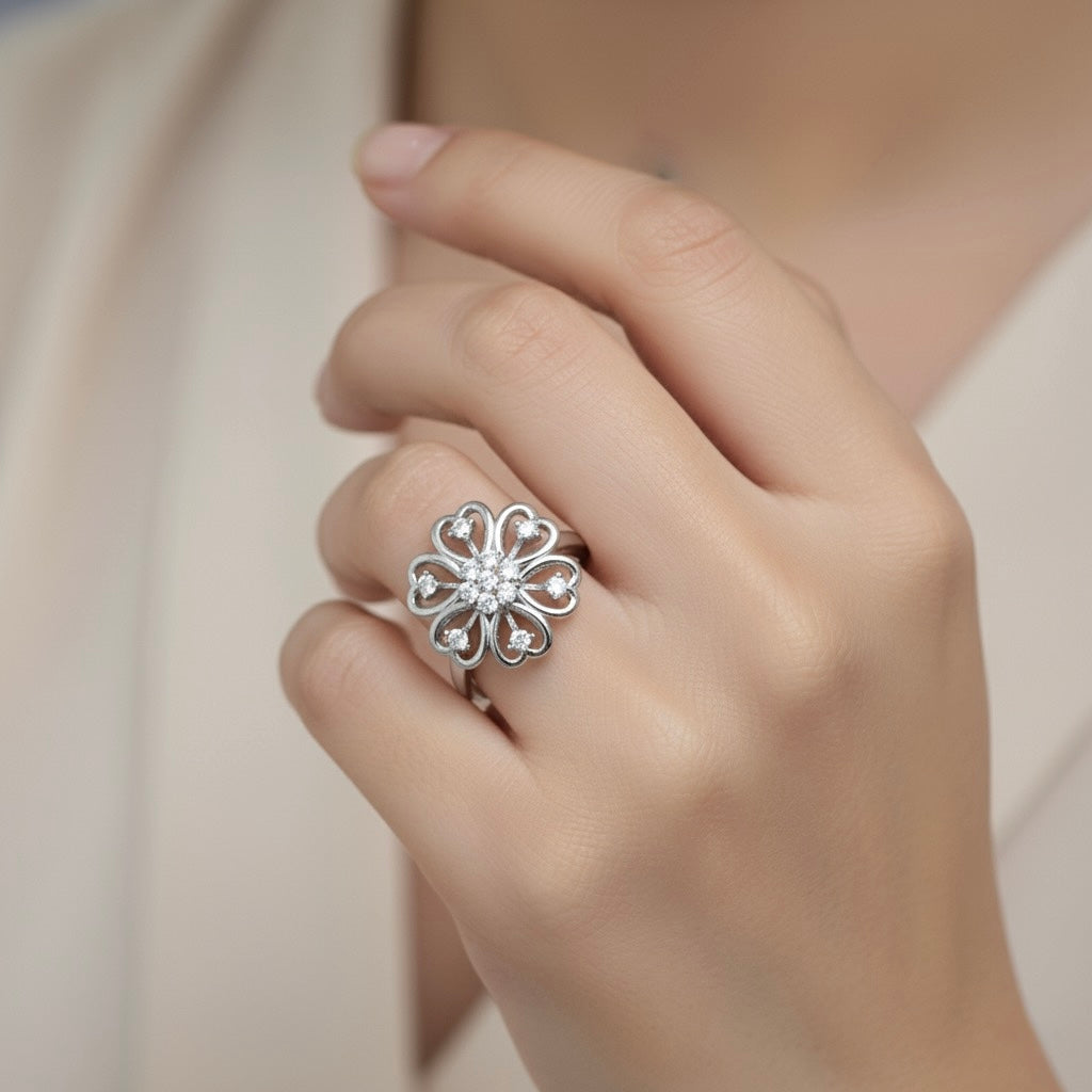 Diamtrendz 925 sterling silver Rhodium plated cubic zirconia floral ring